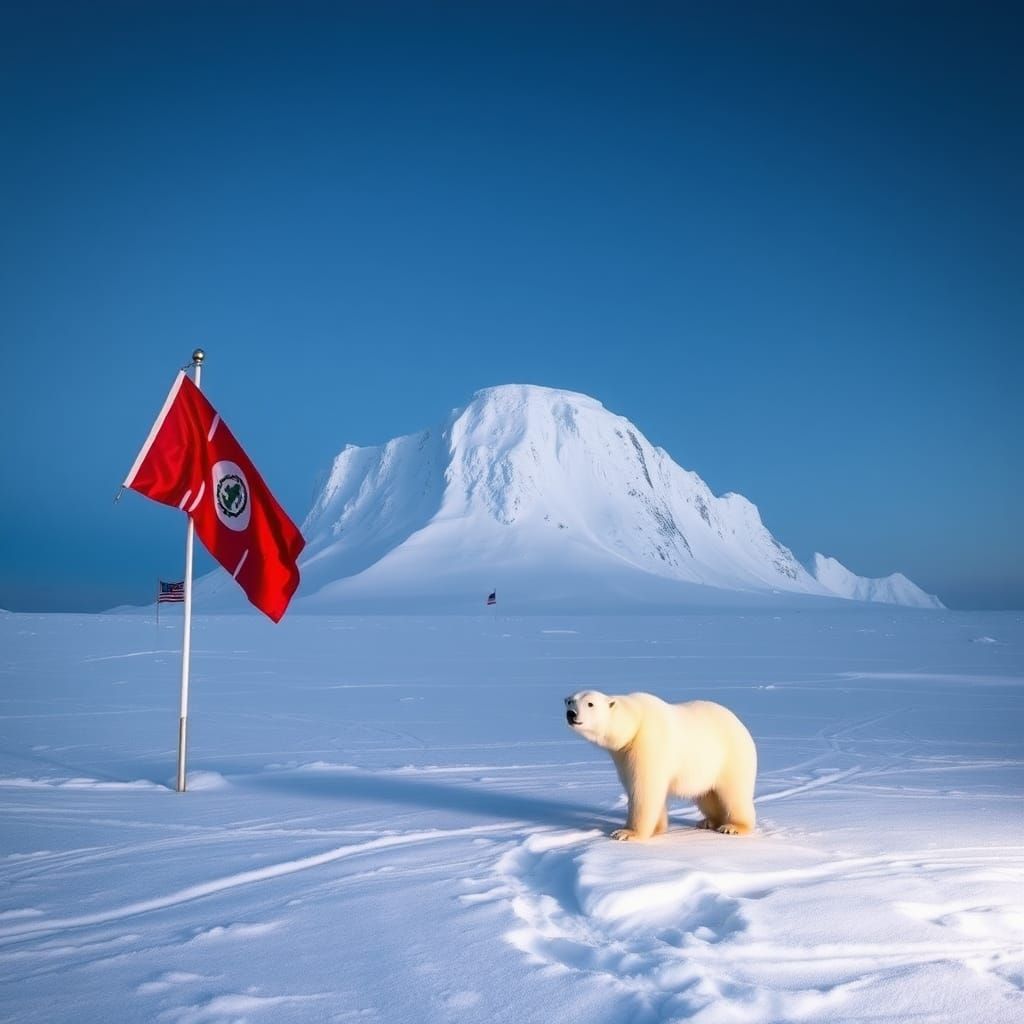 Polar Bear in Arctic Landscape with Flags