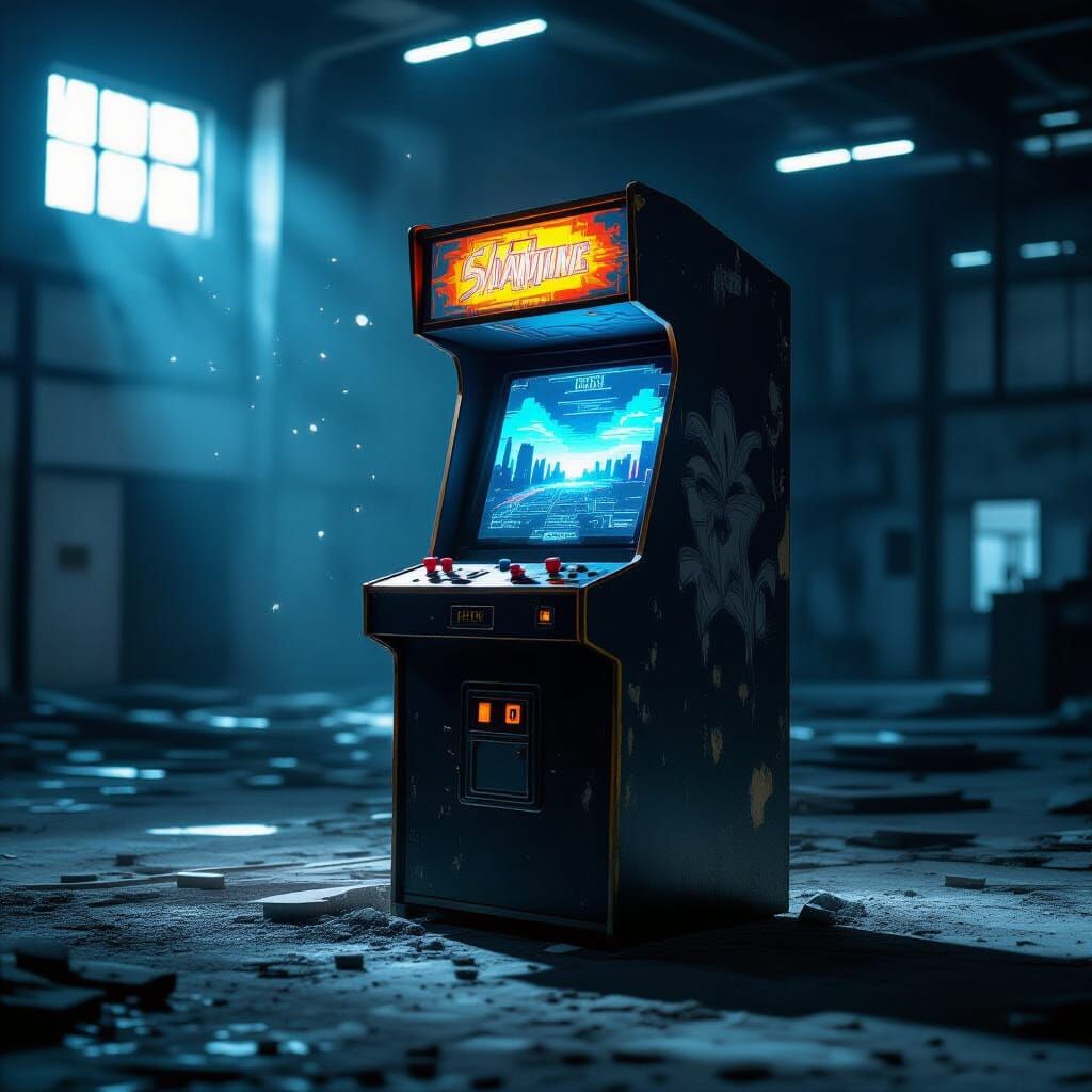 Abandoned Arcade Cabinet in Dim Warehouse, Pixelated Screen