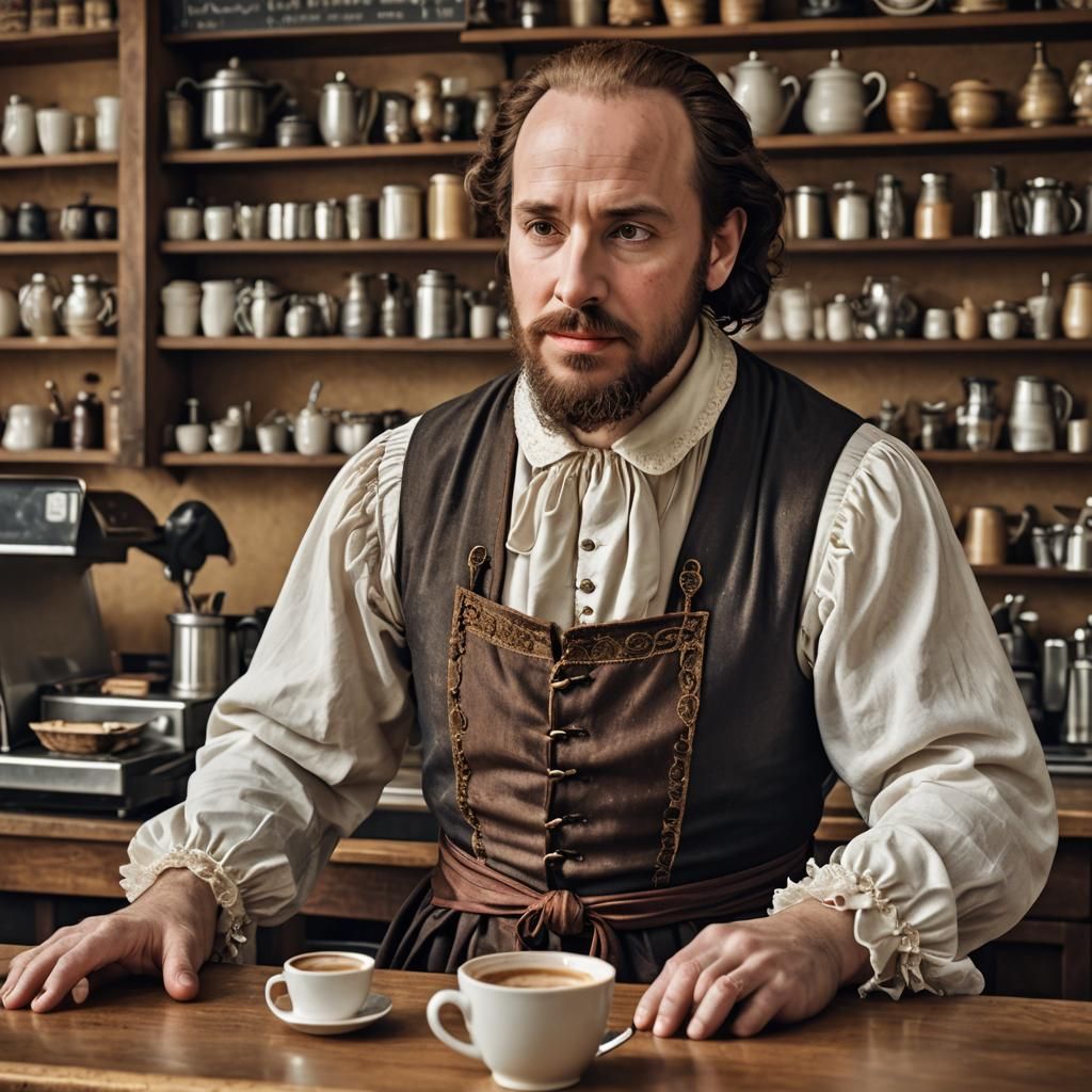 Shakespeare Barista Serving Coffee: Photorealistic Image