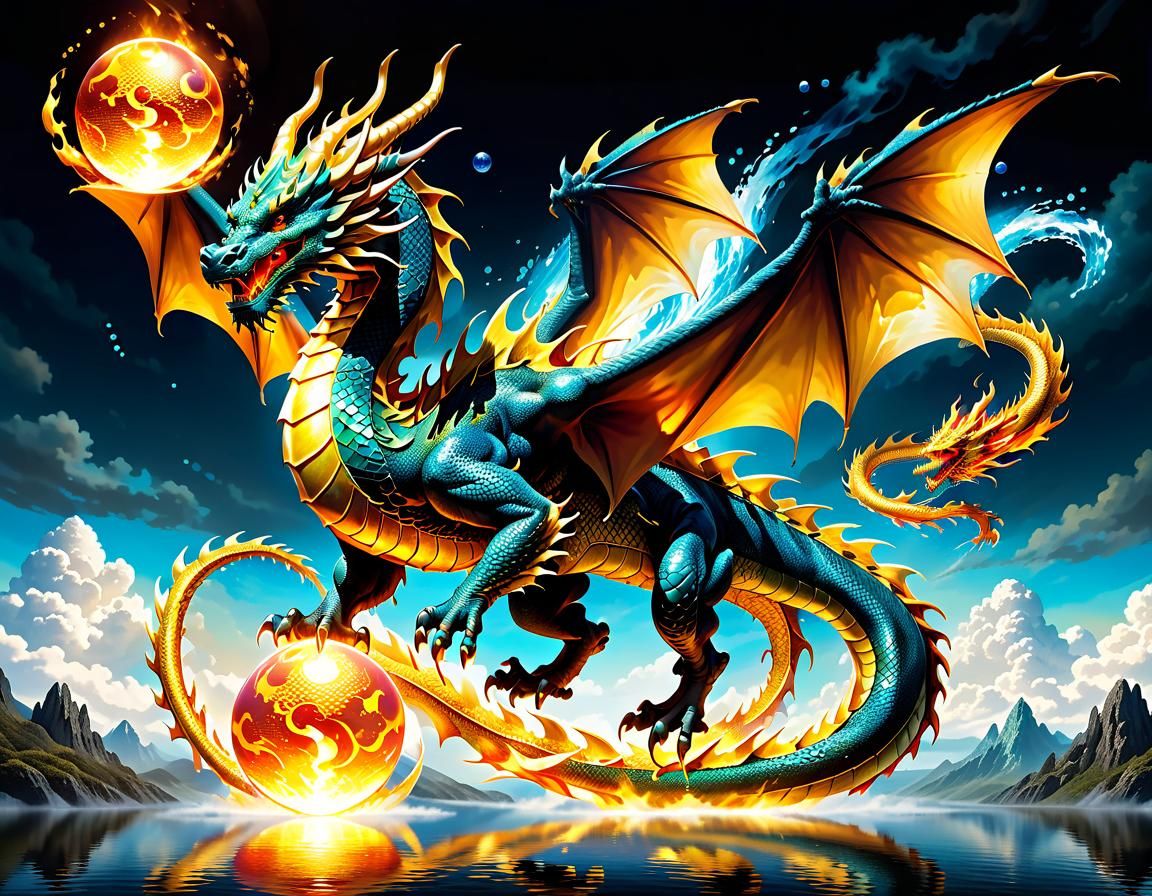 Golden Dragon with Elemental Orbs in Hyperrealistic Style