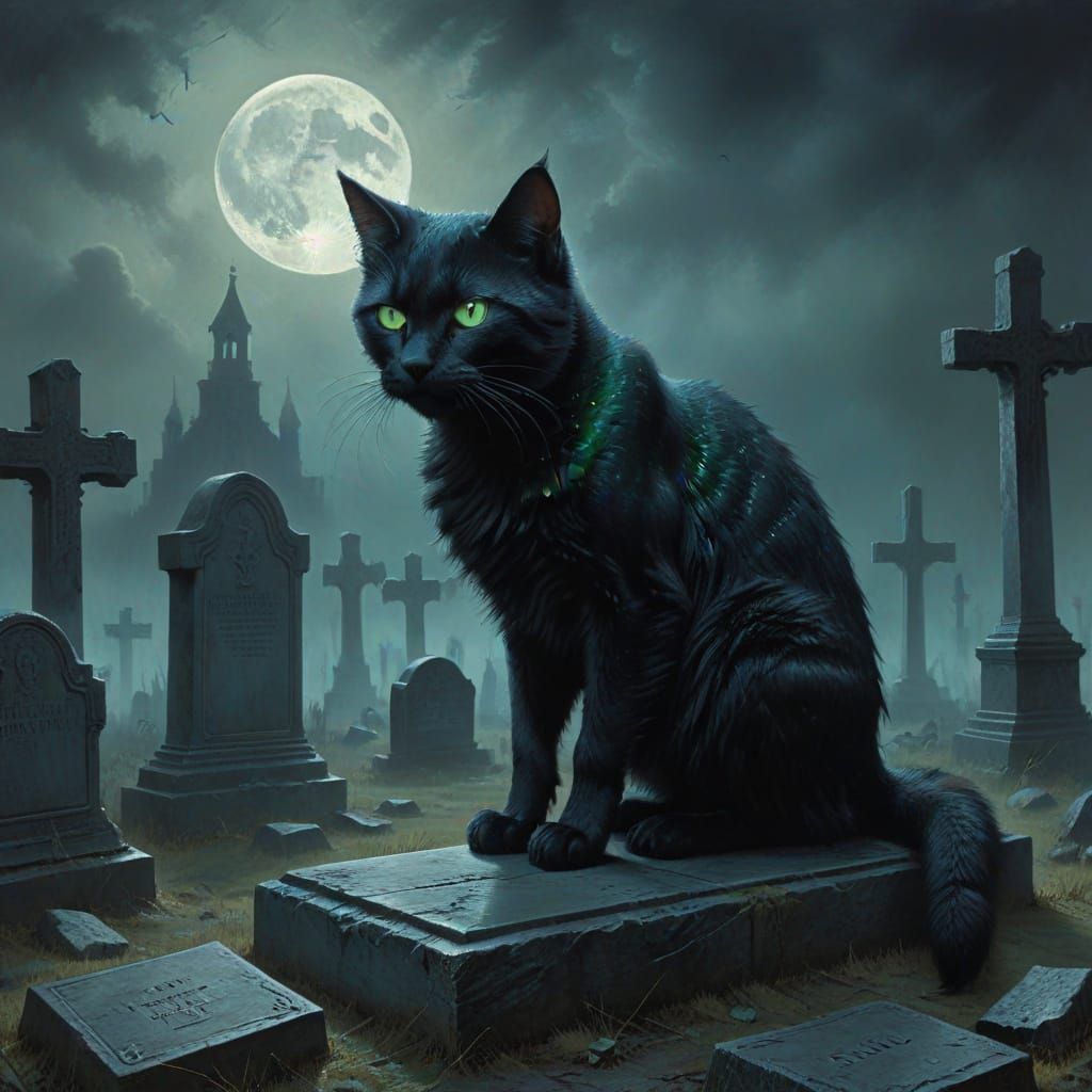 Shadowy Cat in Moonlit Gothic Graveyard