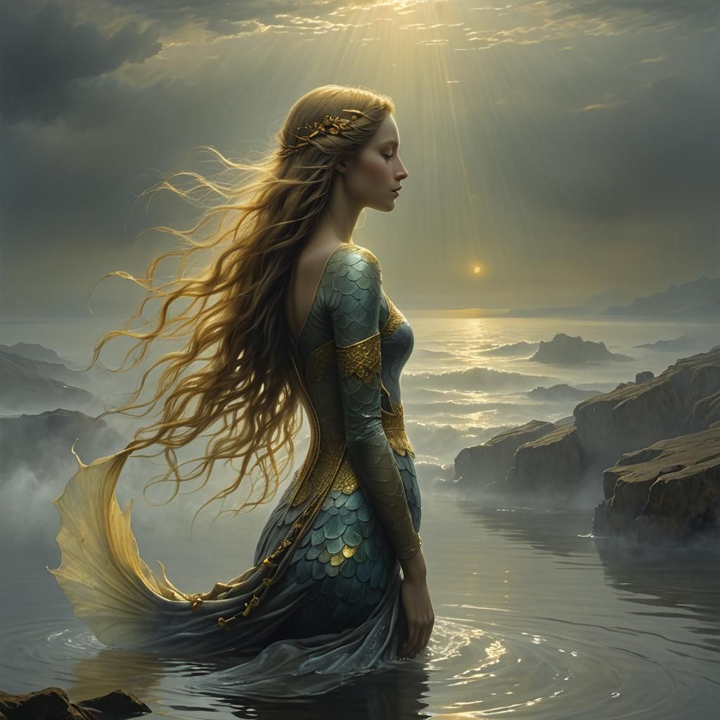 Ethereal Mermaid in Mist with Golden Tail