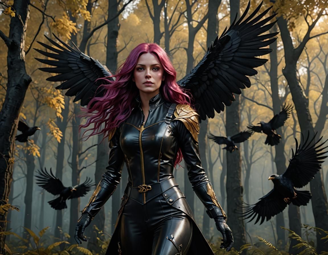 Magenta Haired Lady in Forest with Ravens