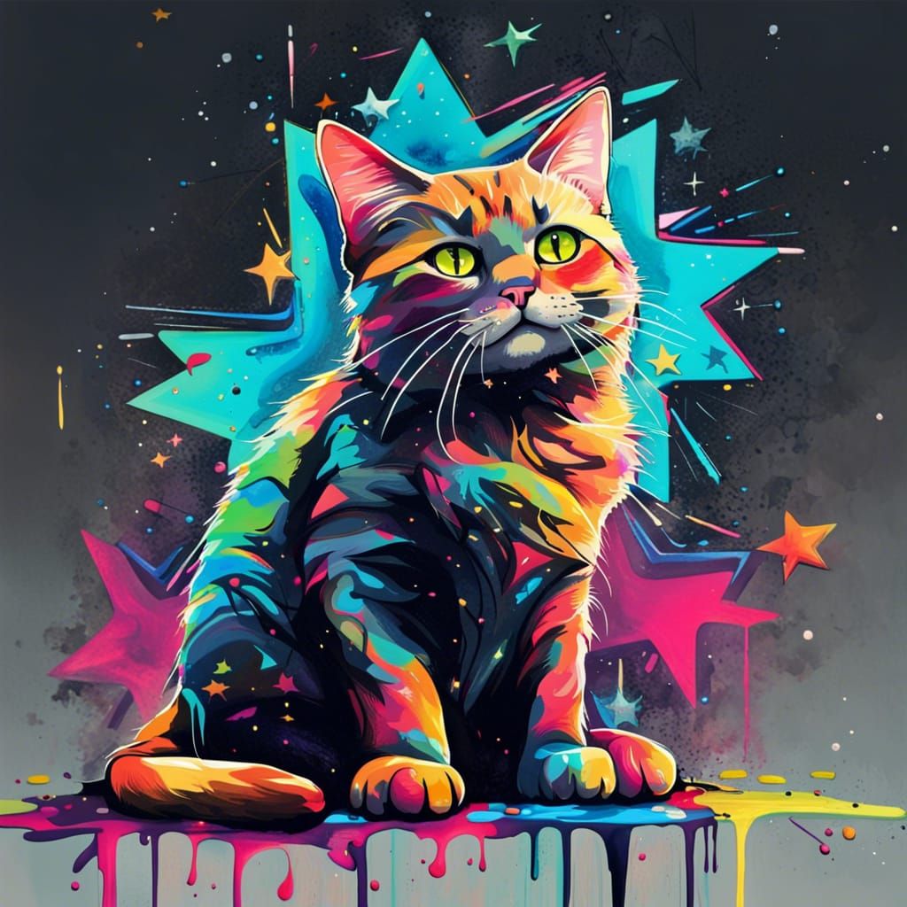 Colorful Starry Cat in Graffiti Splash Art