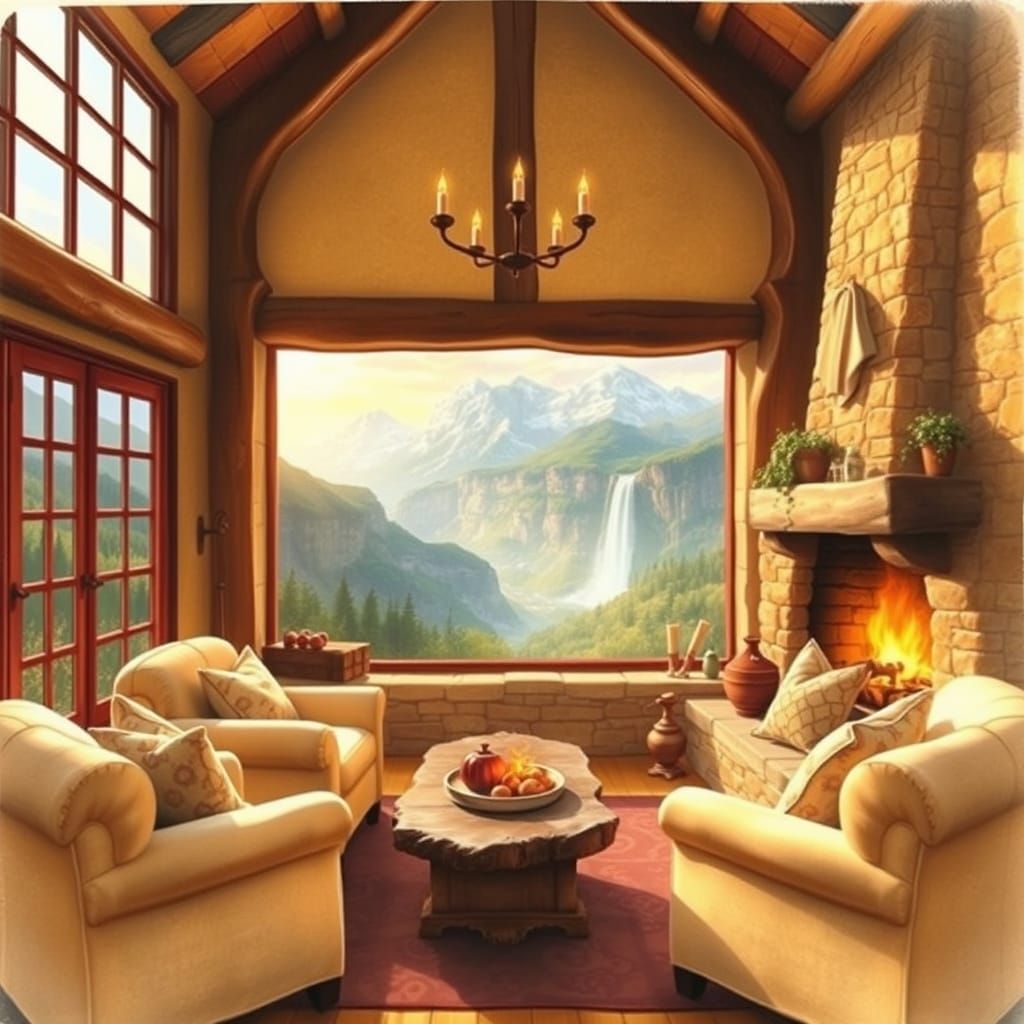 Cozy Country House Living Room with Majestic Mountain Views