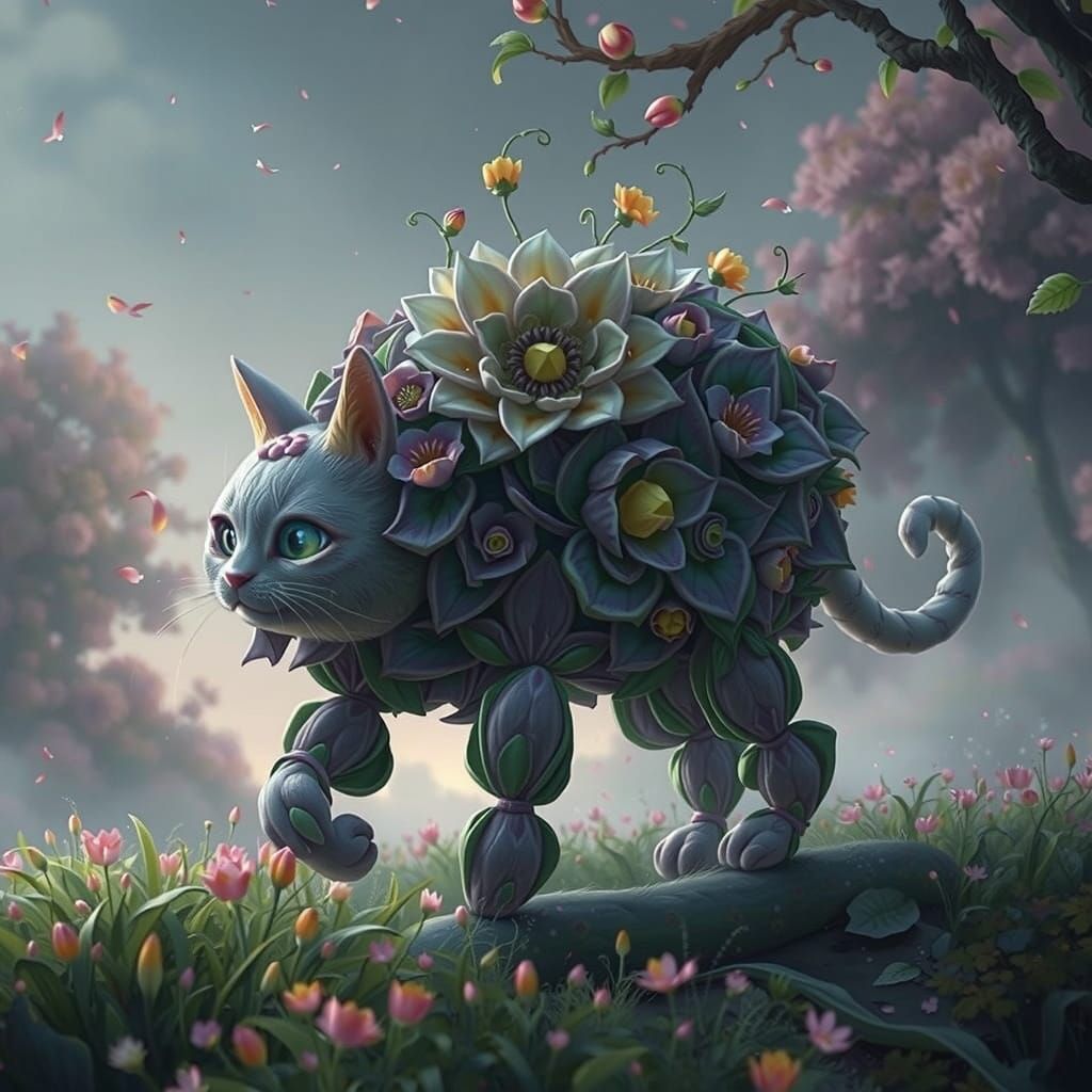 Whimsical Flower Cat in a Vibrant Garden