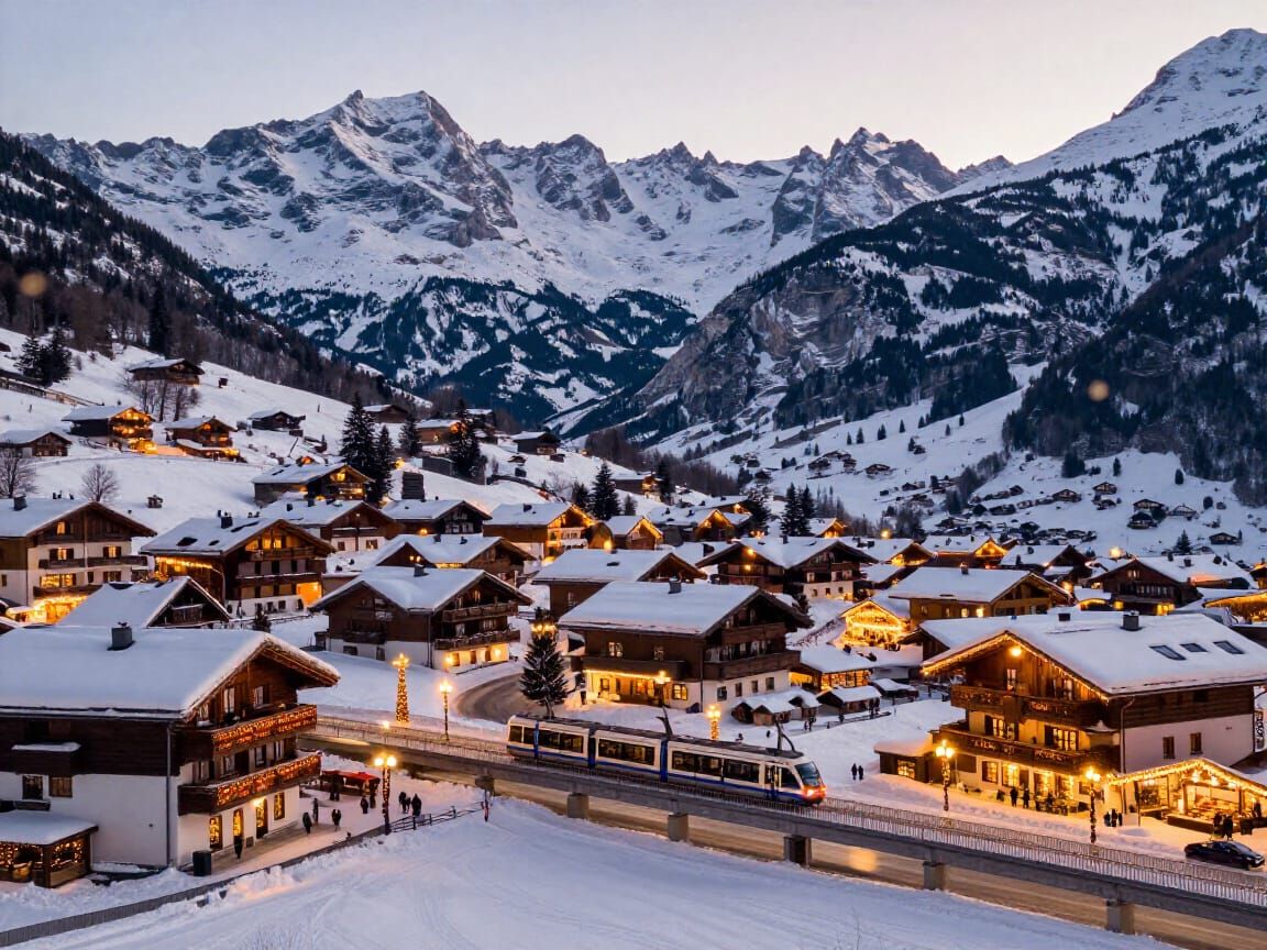 Festive Swiss Alps Ski Resort in Winter Sunlight