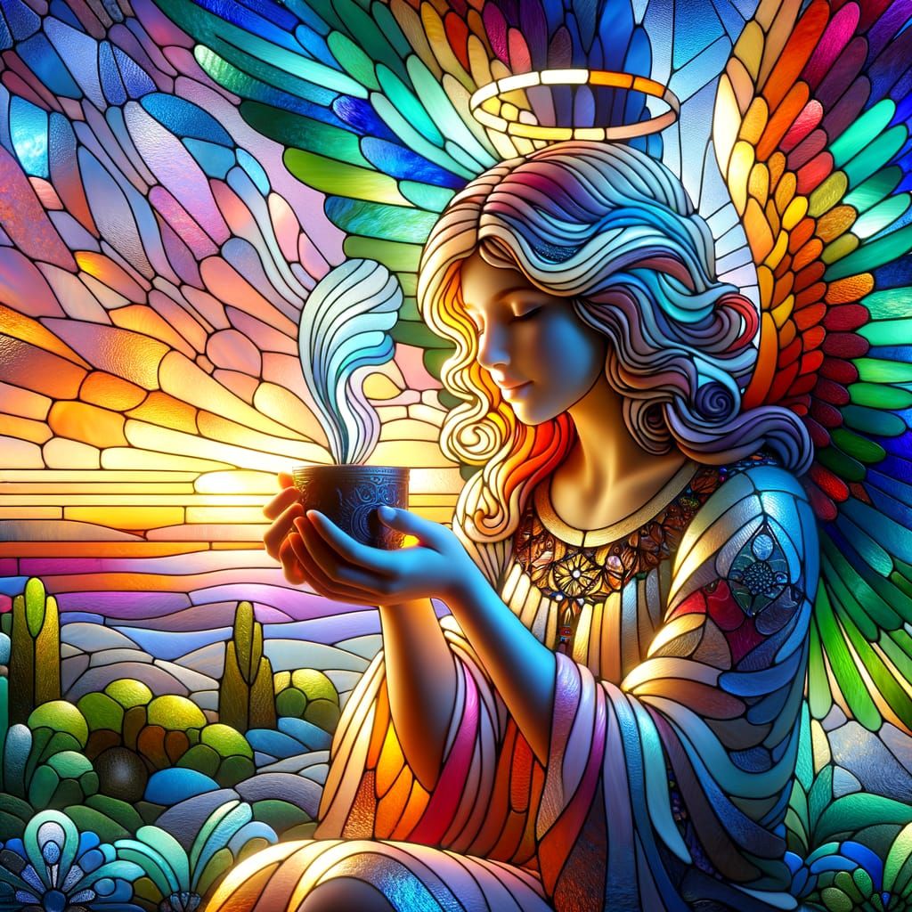 Stained Glass Angel Sipping Coffee at Dawn