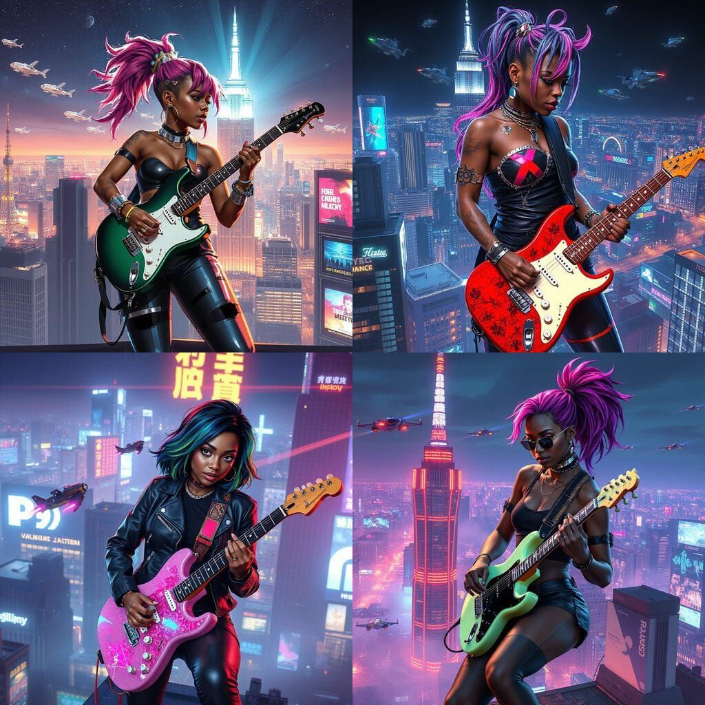 Cyberpunk Goddess Shreds Electric Guitar Amidst Futuristic M...