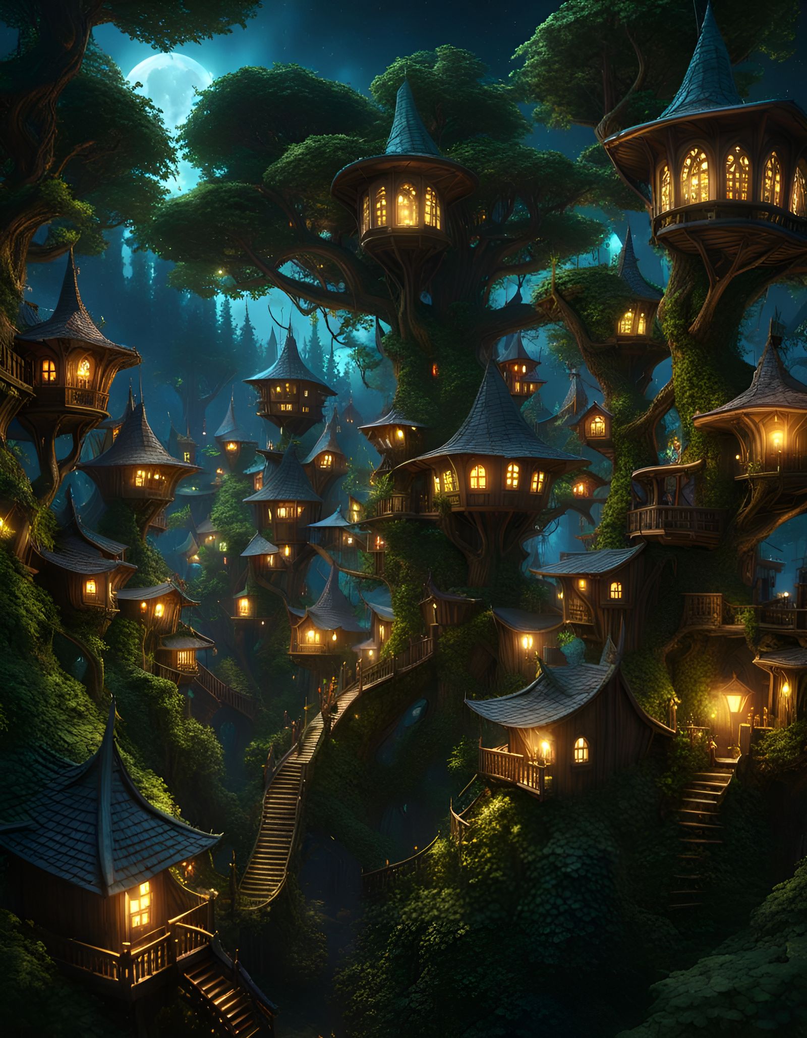 Goblincore Tree City at Night in Dark Fantasy Style