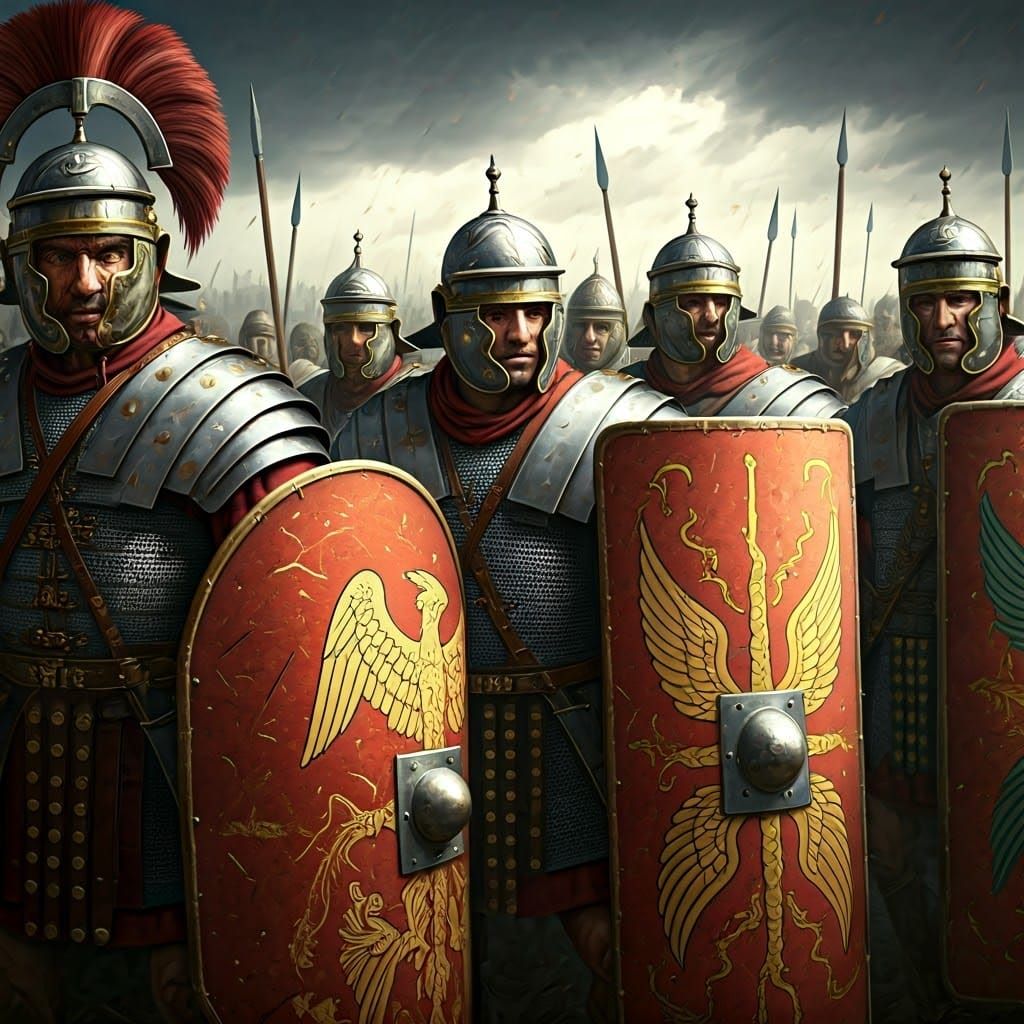 Roman Legionaries Testudo Formation in Gritty, Detailed Styl...