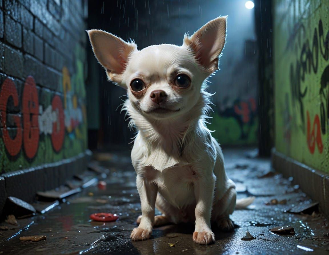 Surreal Film Noir Ghost Chihuahua Amidst Urban Street Art
