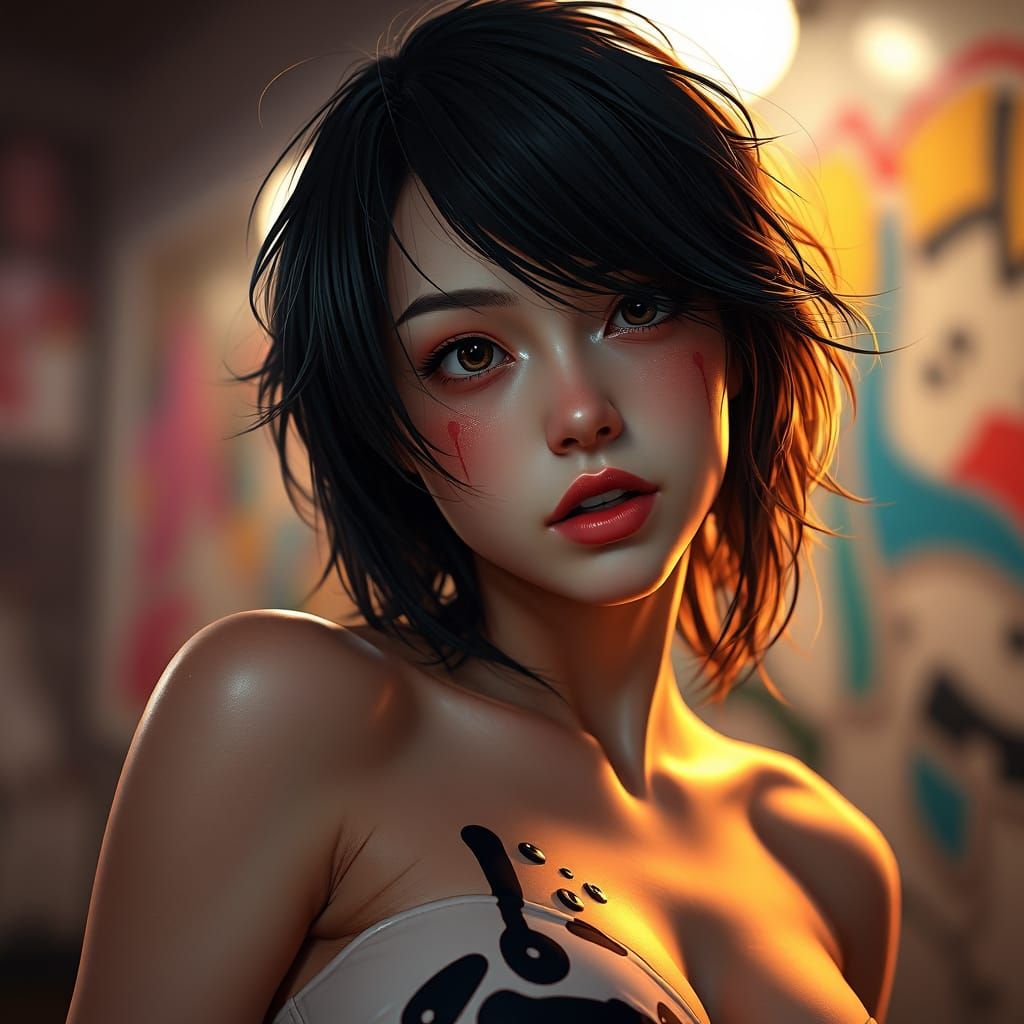 Semi-Mid-Shot Portrait of a Sweaty, Smiling Woman with Messy...