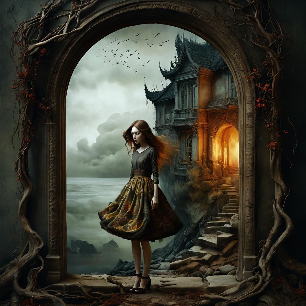 Girl Arrives at House in Surreal Old Painting