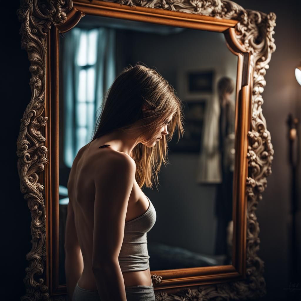 Hyperrealistic Girl Gazing in Mirror