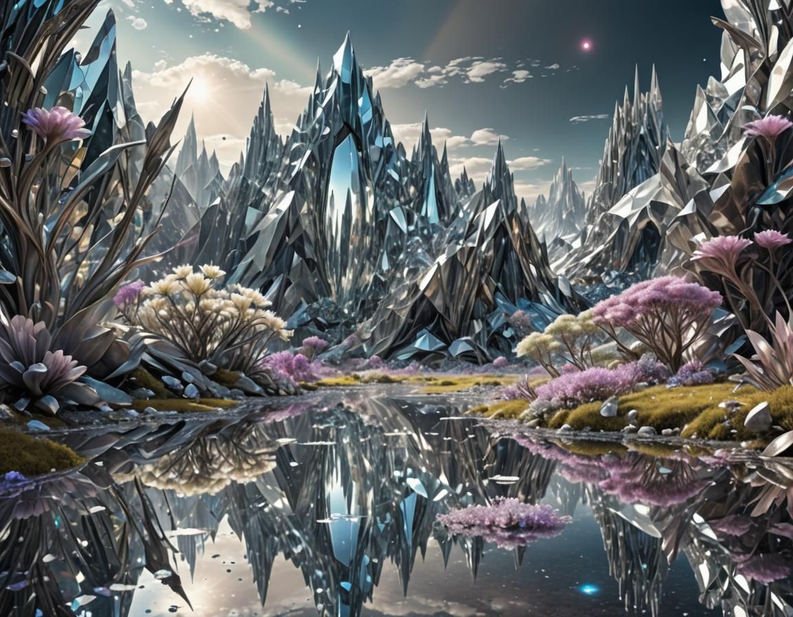 Rainbow Crystal Landscape with Mirror Reflections