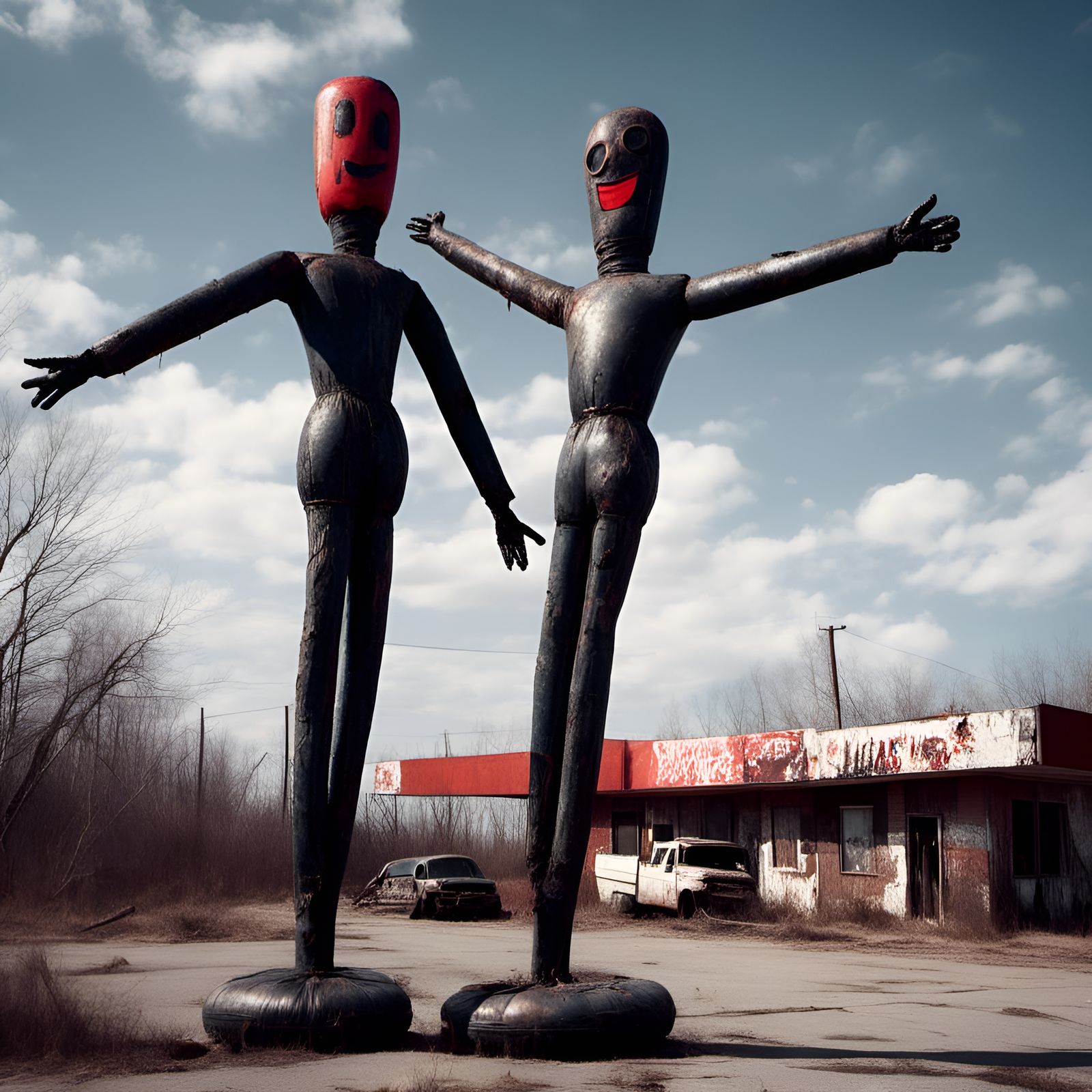 Decaying Gas Station with Inflatable Tube Men