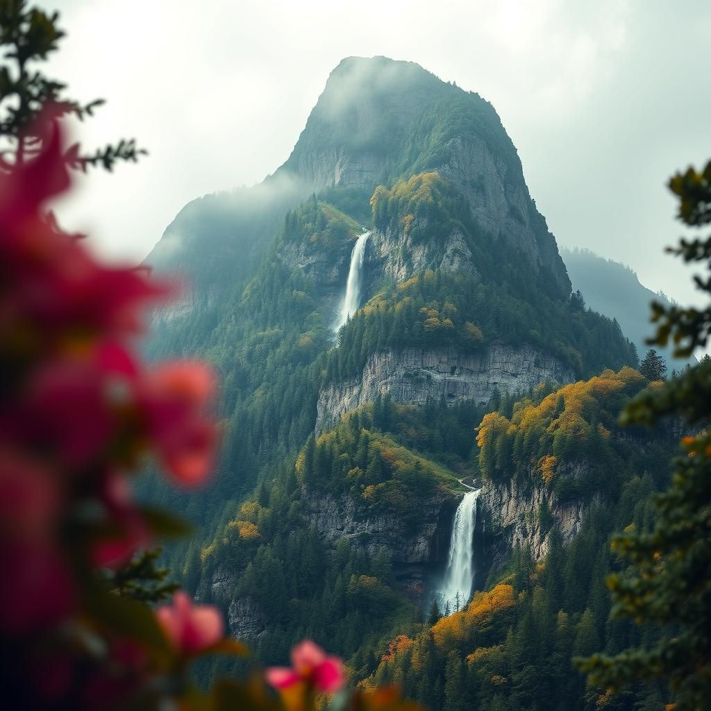 Mountain Woman Portrait with Waterfall in Hyperrealism