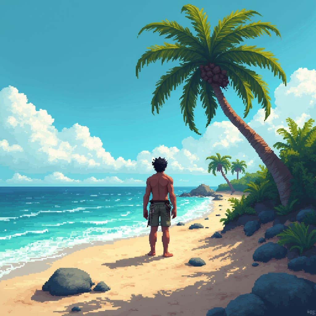 Lonely Pixel Art Castaway on Desert Island
