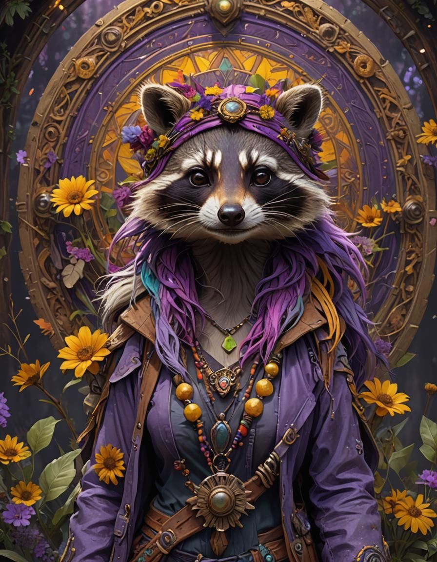 Hippie Raccoon with Colorful Hair, Dark Fantasy Art