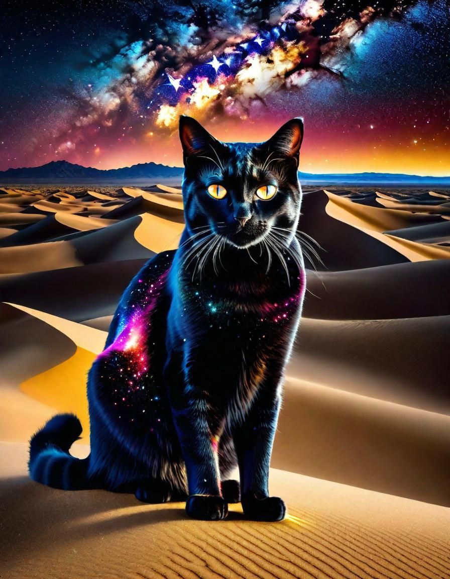 Starry Cat in Sparkling Desert, Hyperrealistic Fantasy