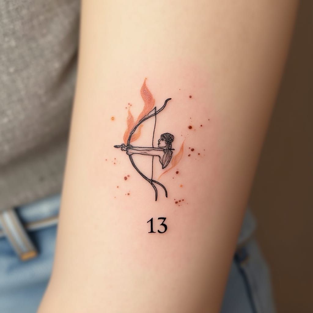 Sagittarius Tattoo with Flames and Number 13 in Fine-Line St...