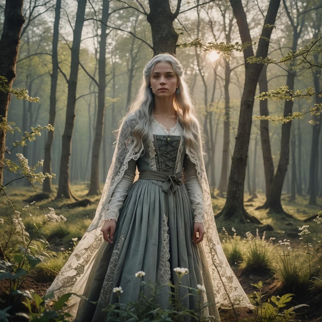 Spring Forest Sunrise with Silver-Haired Woman