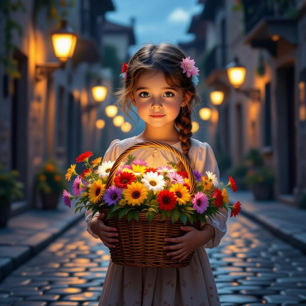 Innocent Girl With Flower Basket Under Dramatic Street Lamps