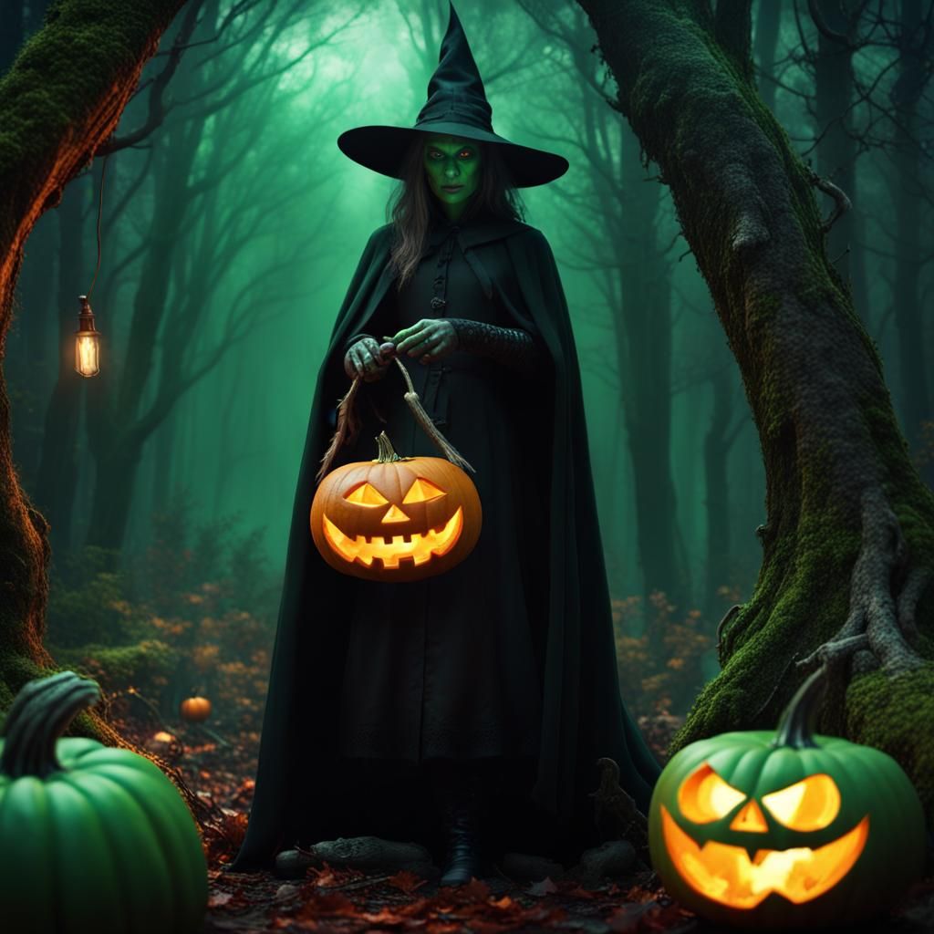 Witch and Pumpkin Potion in Dark Forest