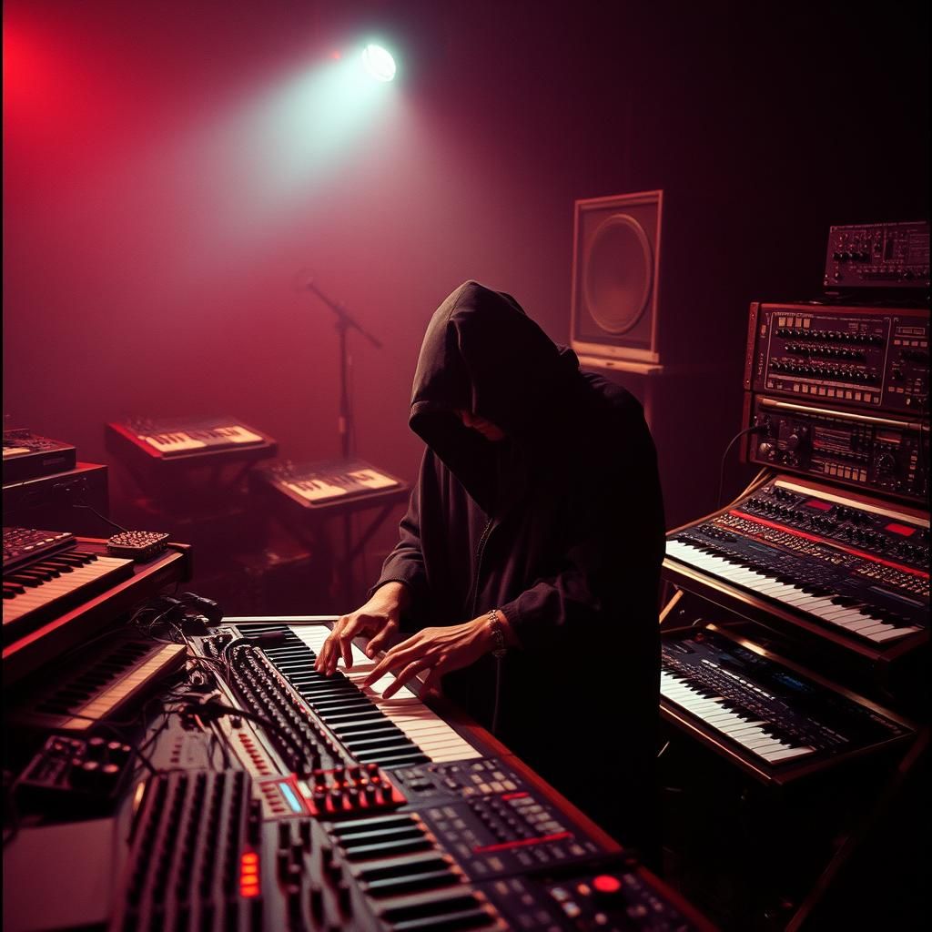 Moody Musician Amidst Modular Synthesizer