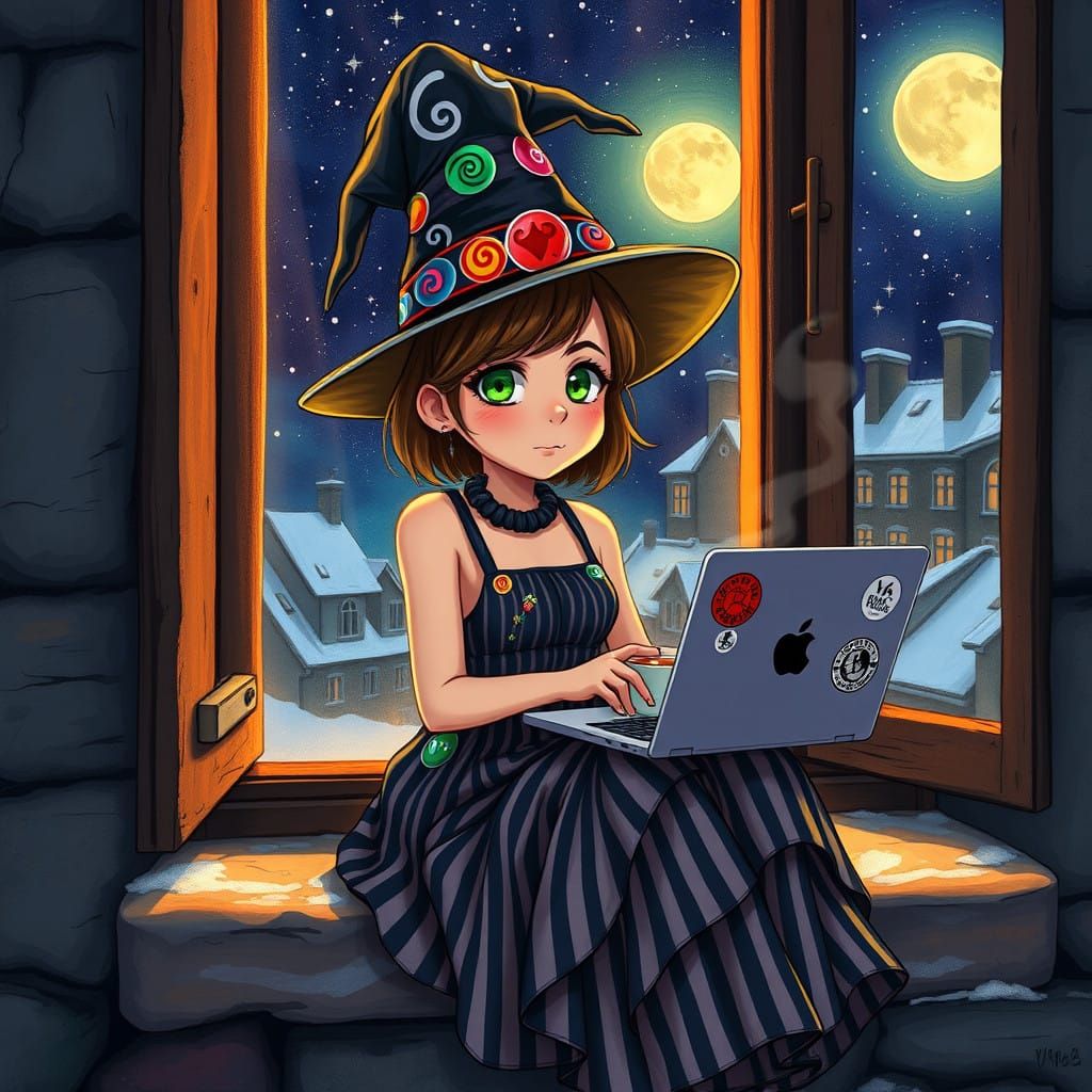Enchanted Winter Witch in Vibrant, Graffiti-Style Night