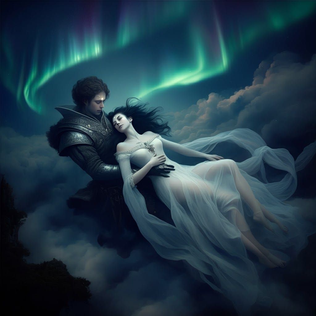 Ethereal Lovers Floating Under Aurora Borealis