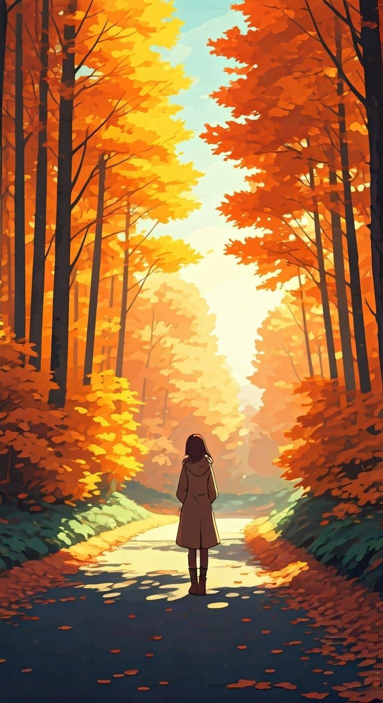 Autumn Girl on Forest Road in Romantic Style