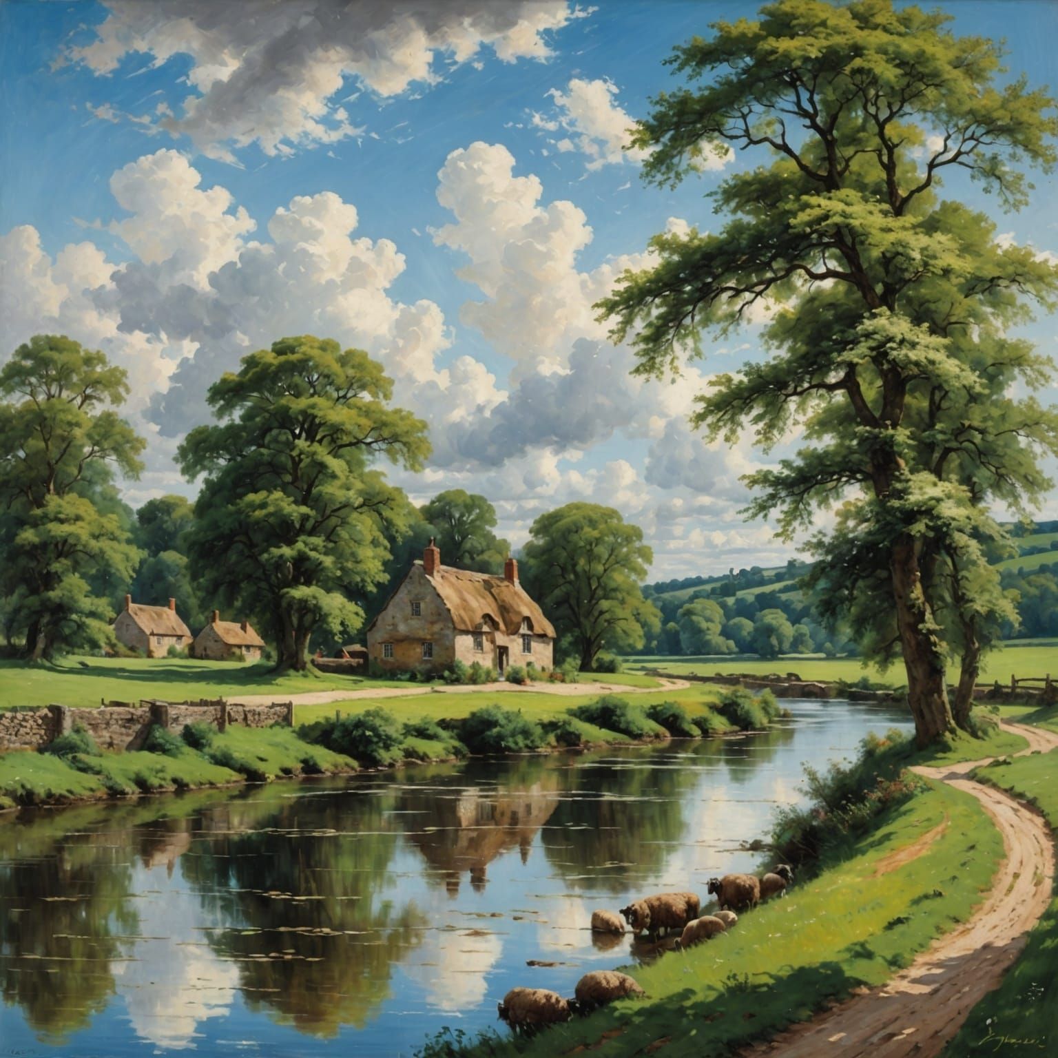 Idyllic English Countryside Landscape as Oil Painting