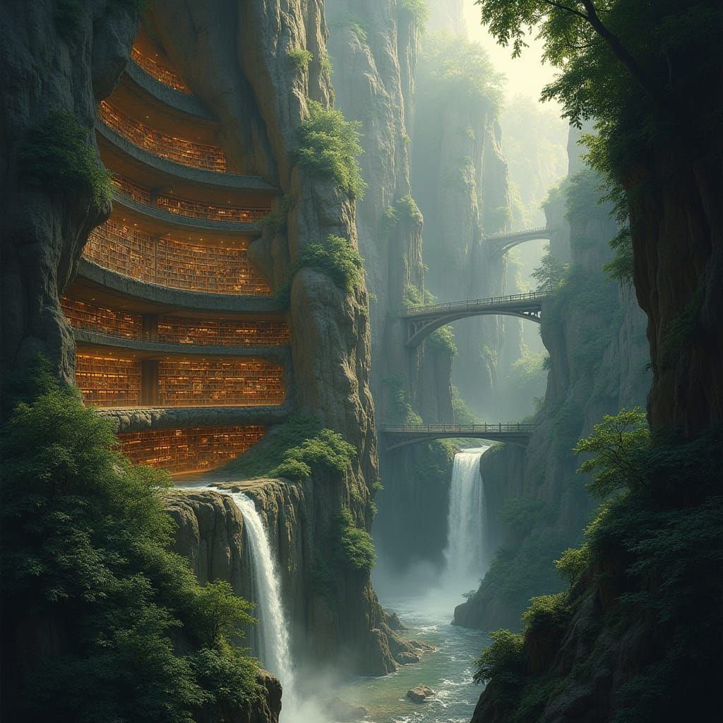 Ancient Cliffside Library Overflows with Glowing Books