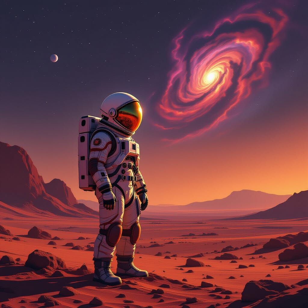 Abandoned Astronaut Suit on Mars Reflecting Nebula