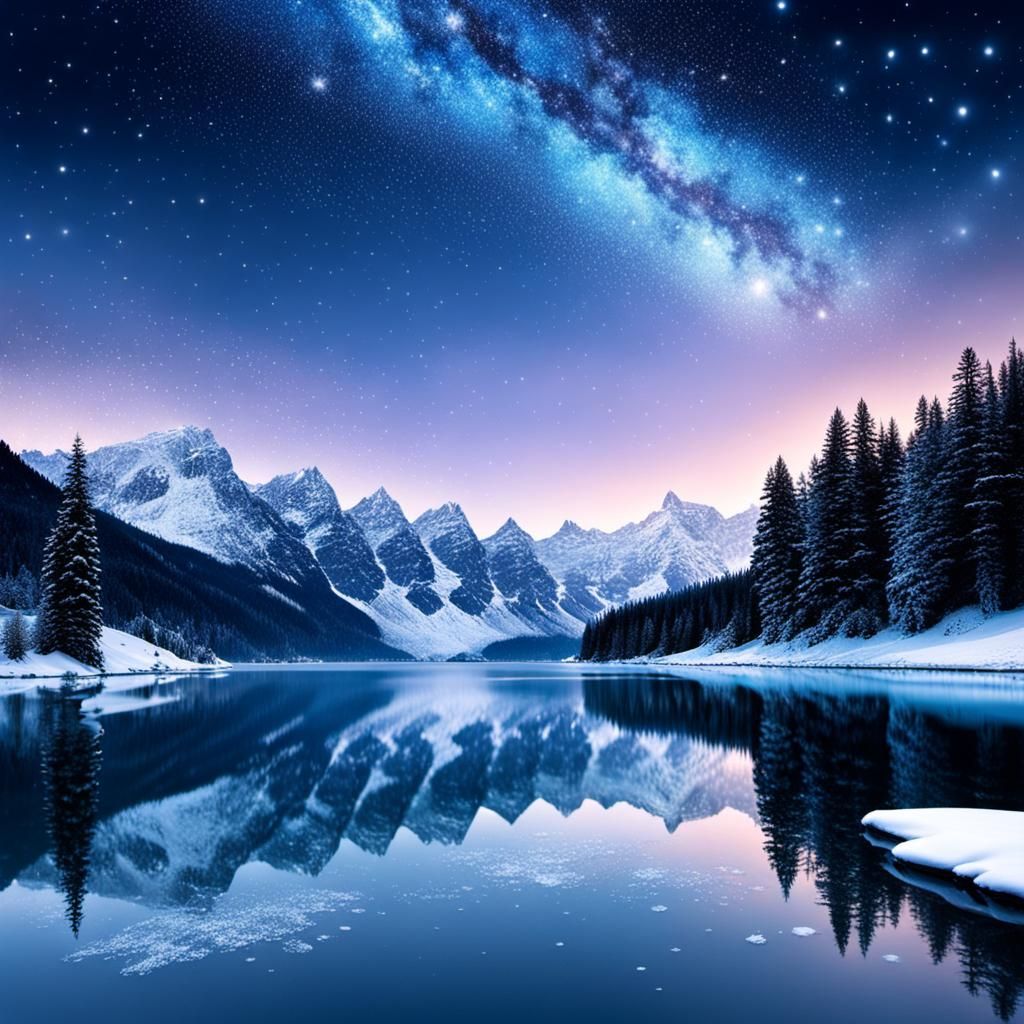 Glorious Starry Night Over Frozen Lake