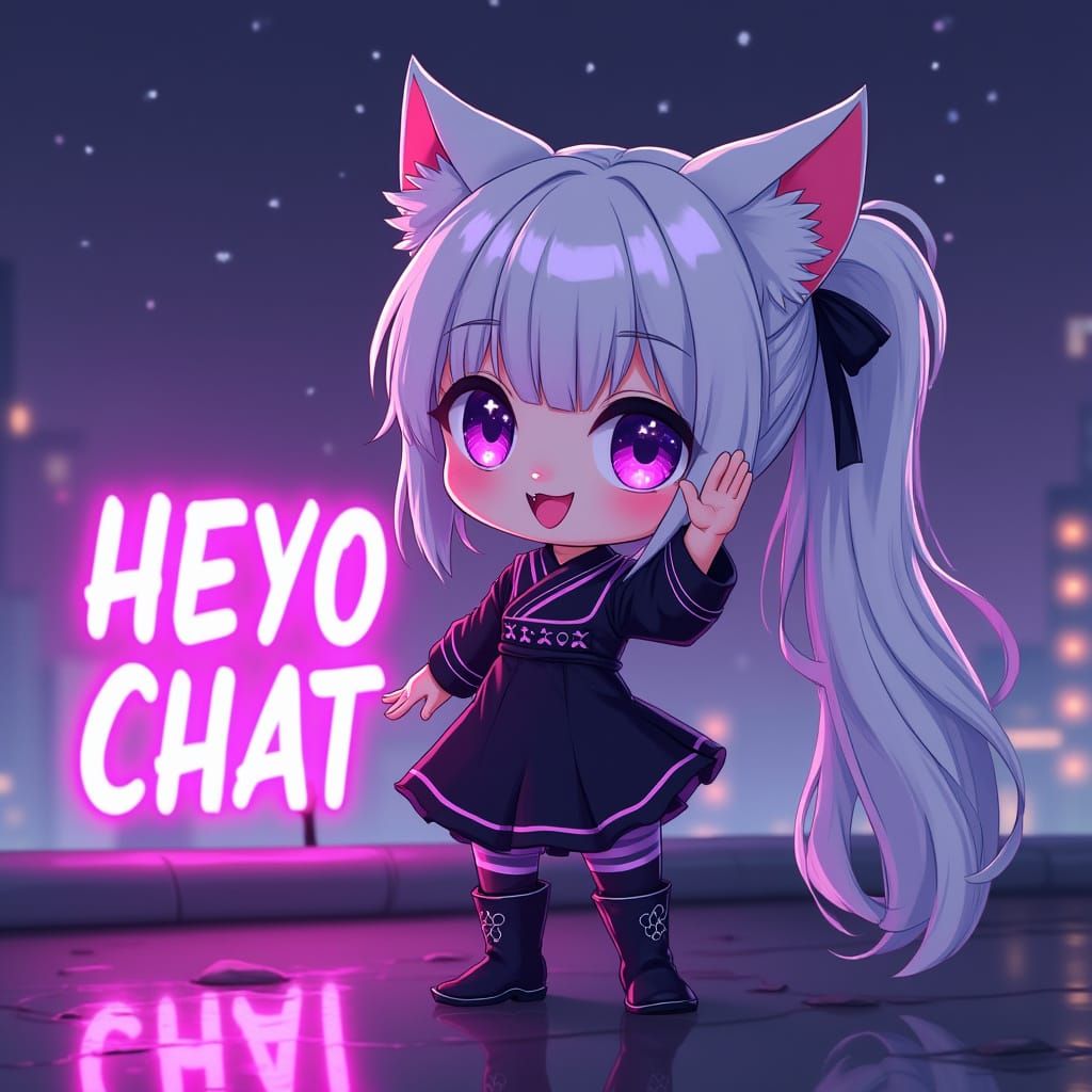 Adorable Anime Catgirl Salutes From Neon Rooftop