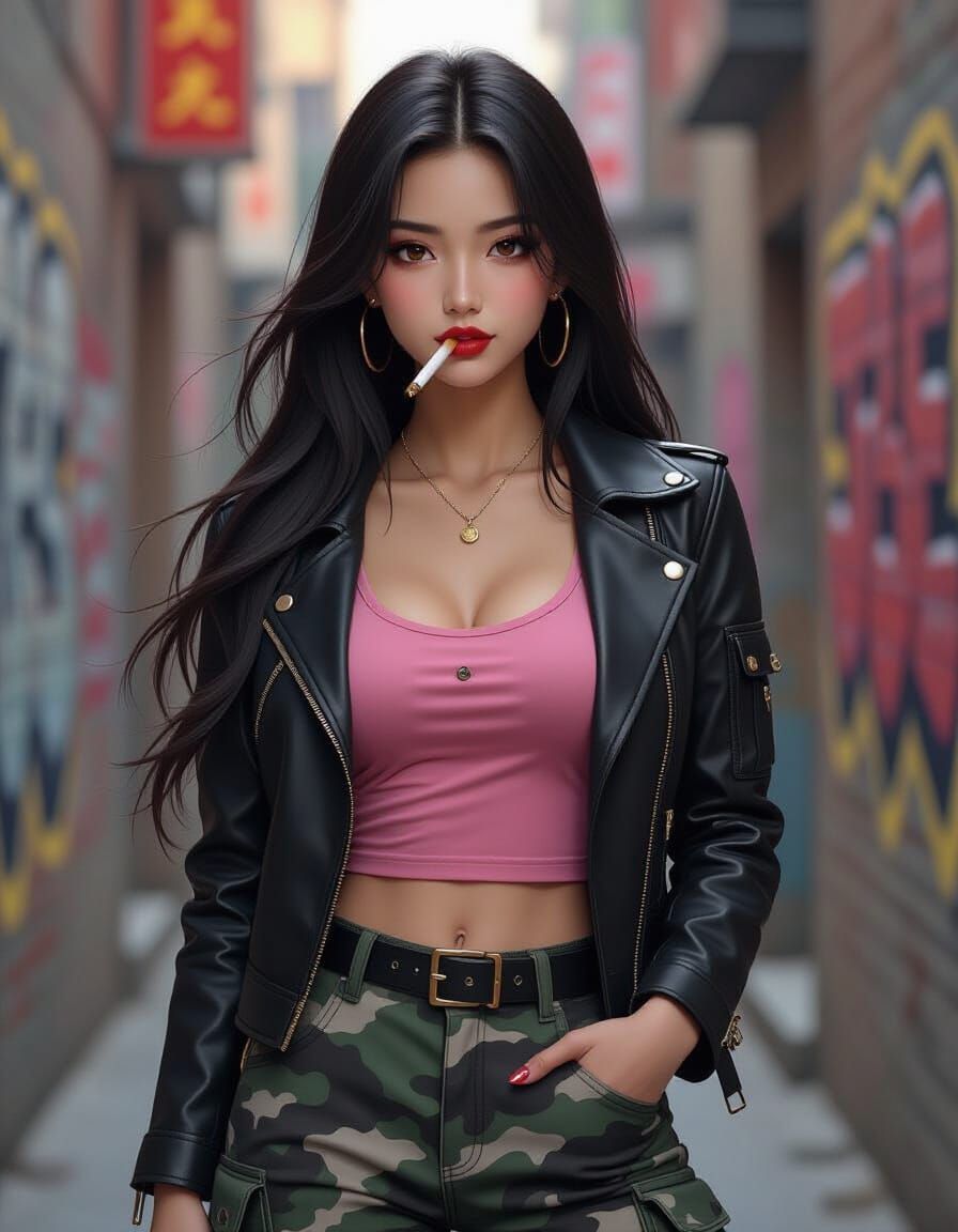 Vivid Portrait of Woman in Leather Jacket with Cigarette