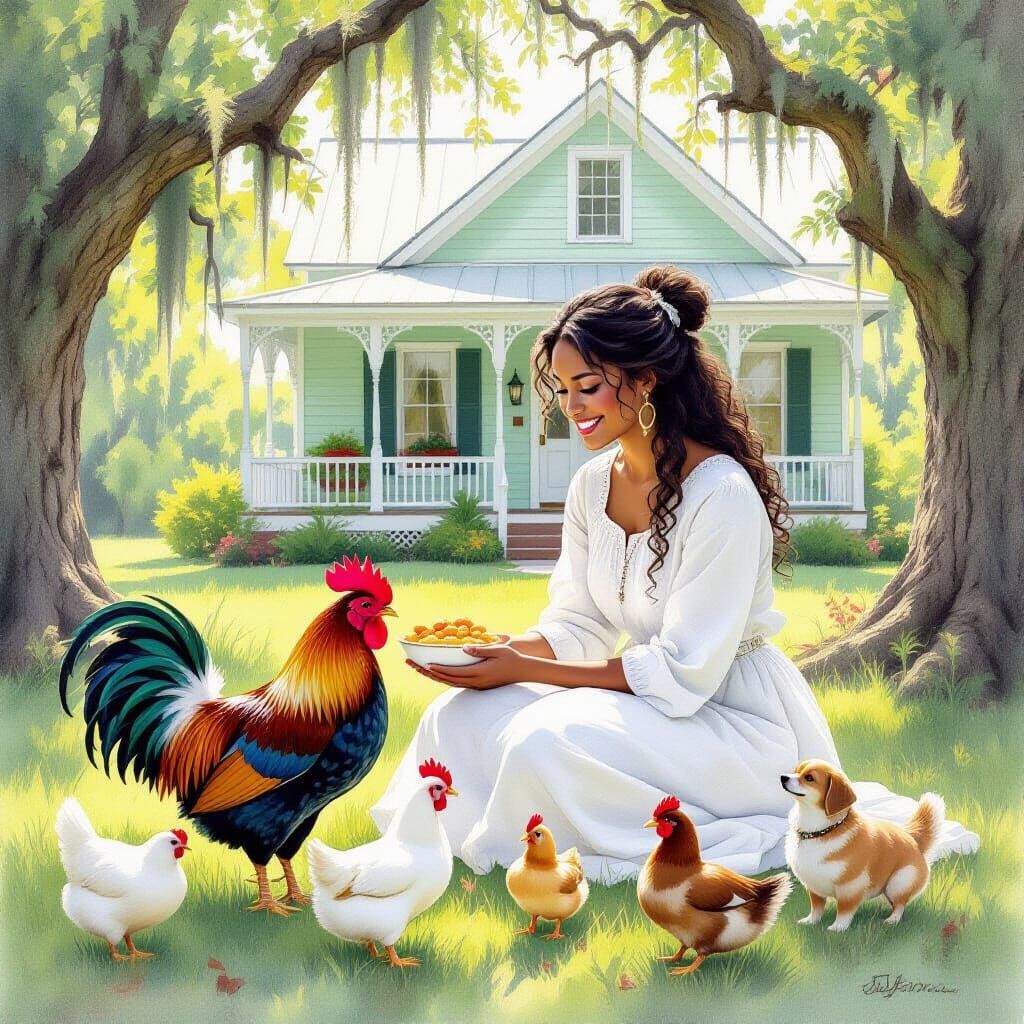 Healer Feeds Animals Near Swamp House: Watercolor Art