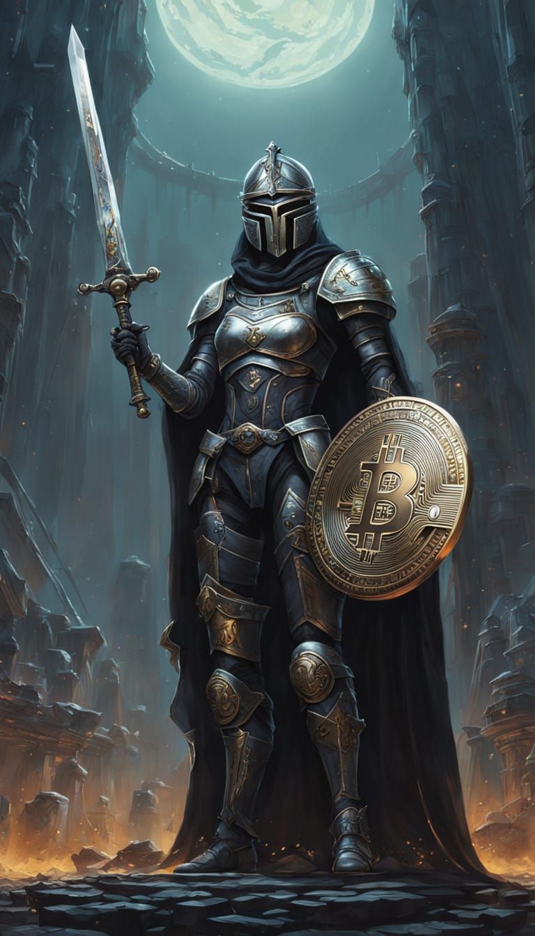 Gothic Fantasy Warrior in Cyberpunk Armor with Bitcoin Emble...