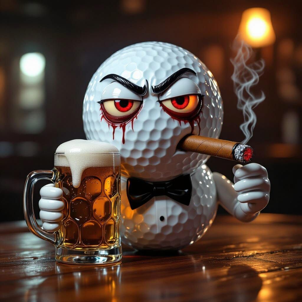 Drunk Golfball Caricature with Beer and Cigar