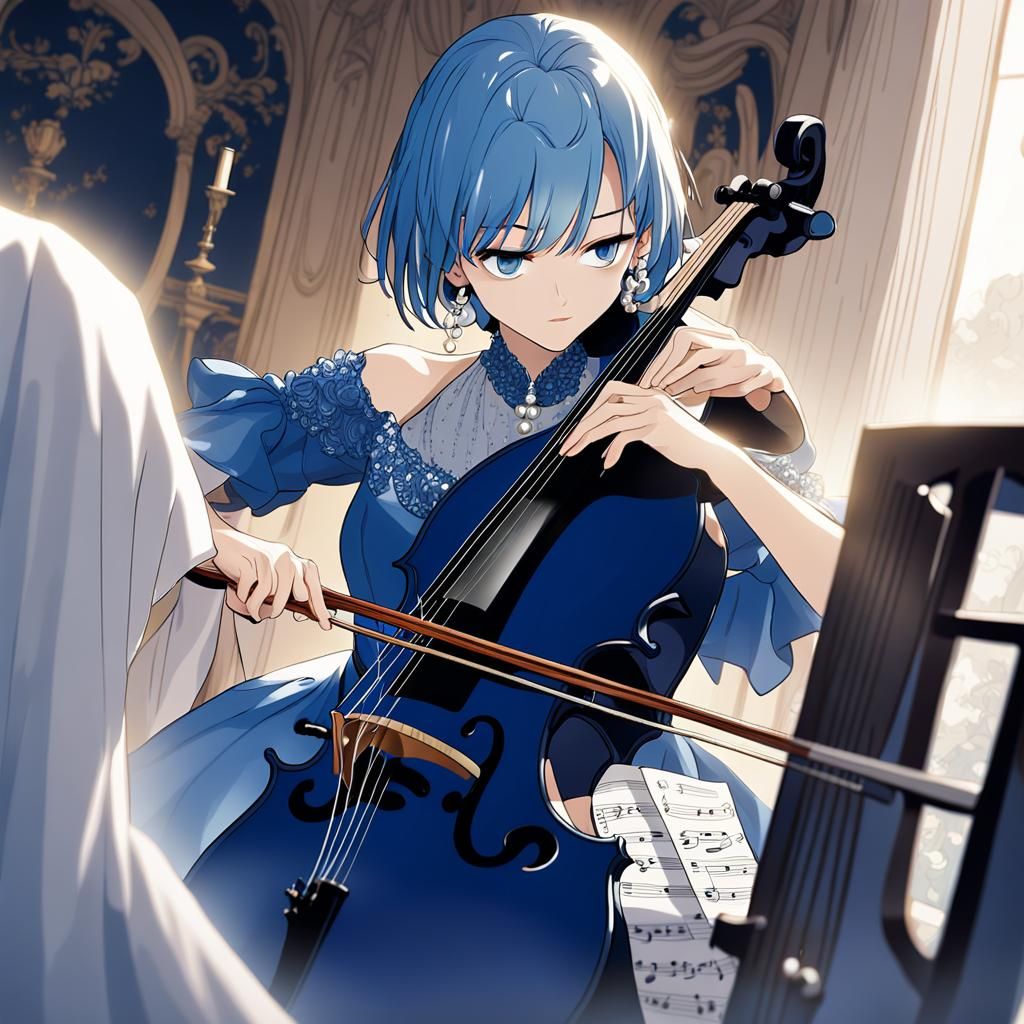 Anime Girl Plays Cello at Home