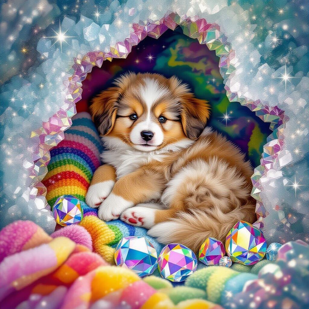 Rainbow Puppy in Crystal Geode Home