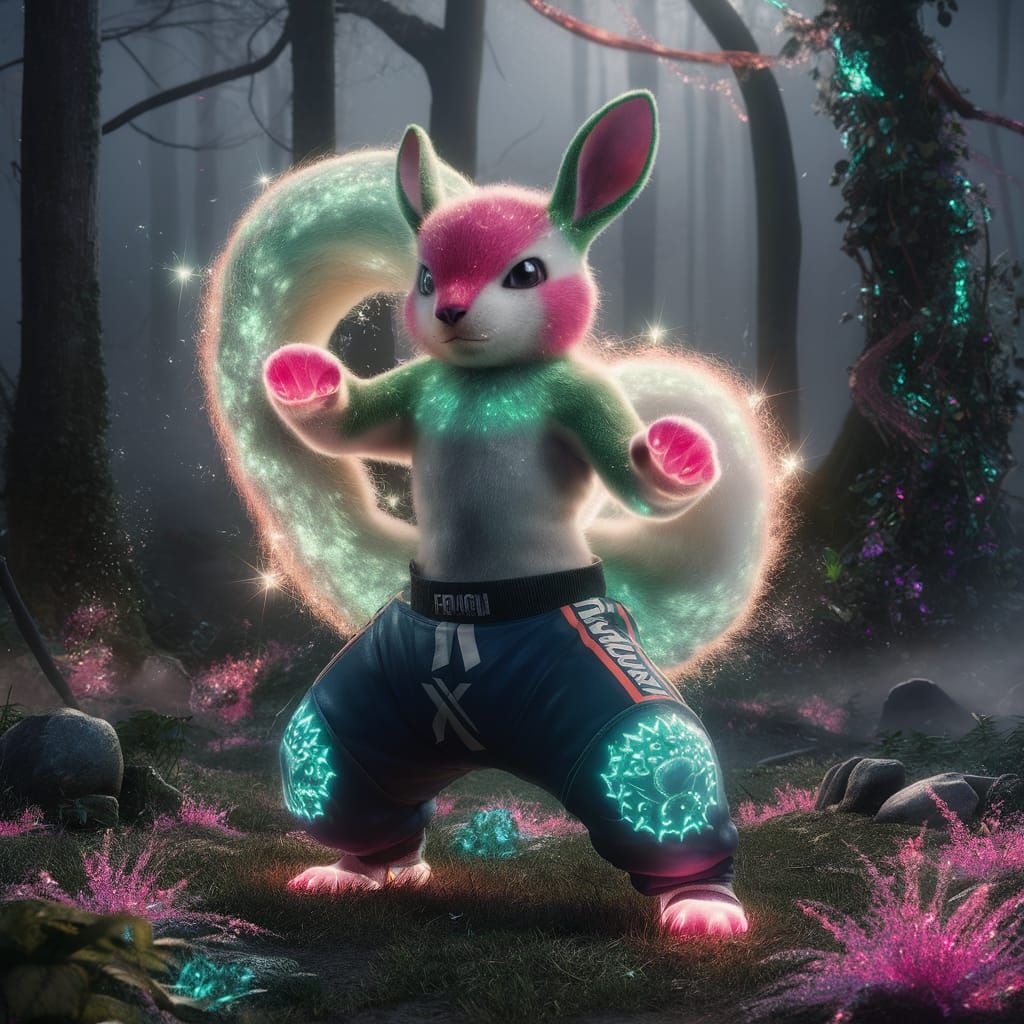 Anthropomorphic Shaymin Pokémon in Bioluminescent Forest