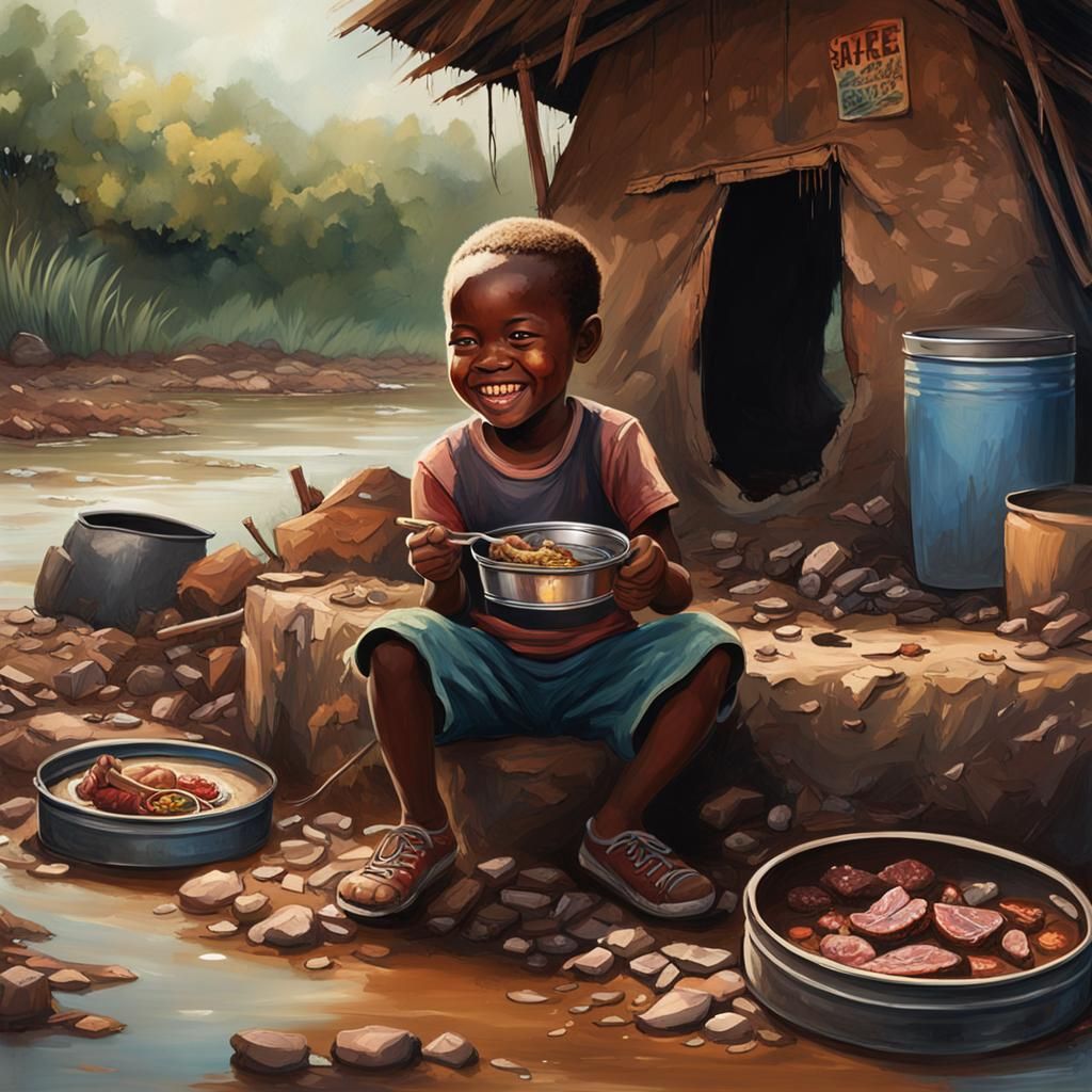 Hyperrealistic African Child Eating Meat by Hut
