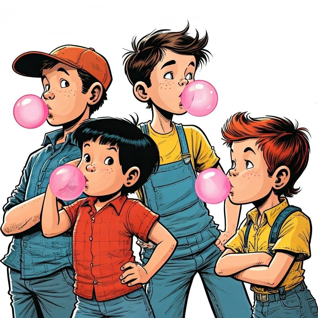 Youthful Friends Compete in Whimsical Bubble Gum Blowing Con...