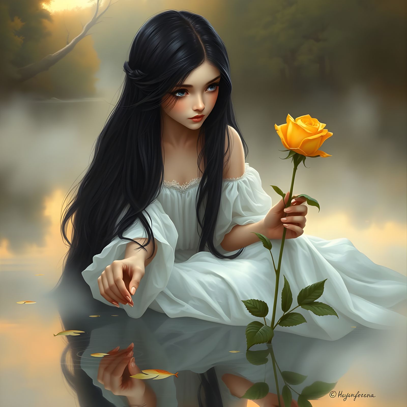 Ethereal Fantasy Girl Sits by Still Lake with Golden Rose