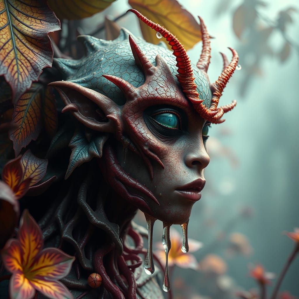 Ethereal Melancholy: A Humanoid Creature Amidst Vibrant, Mys...