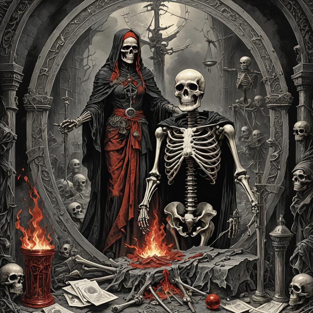 Justice Tarot Card with Skeleton in Horror Art